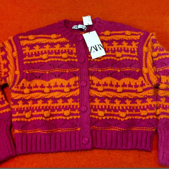 Zara hot pink and orange pompom knit jacquard cardigan NWT - Picture 3 of 10